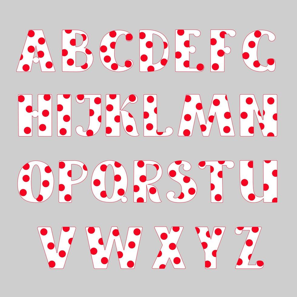 hoofdstad wit versierd met rode polka dot hand getekende letters van Engelse alfabet eenvoudige cartoon stijl vectorillustratie, kalligrafische abc, schattig grappig handschrift, doodle en belettering vector