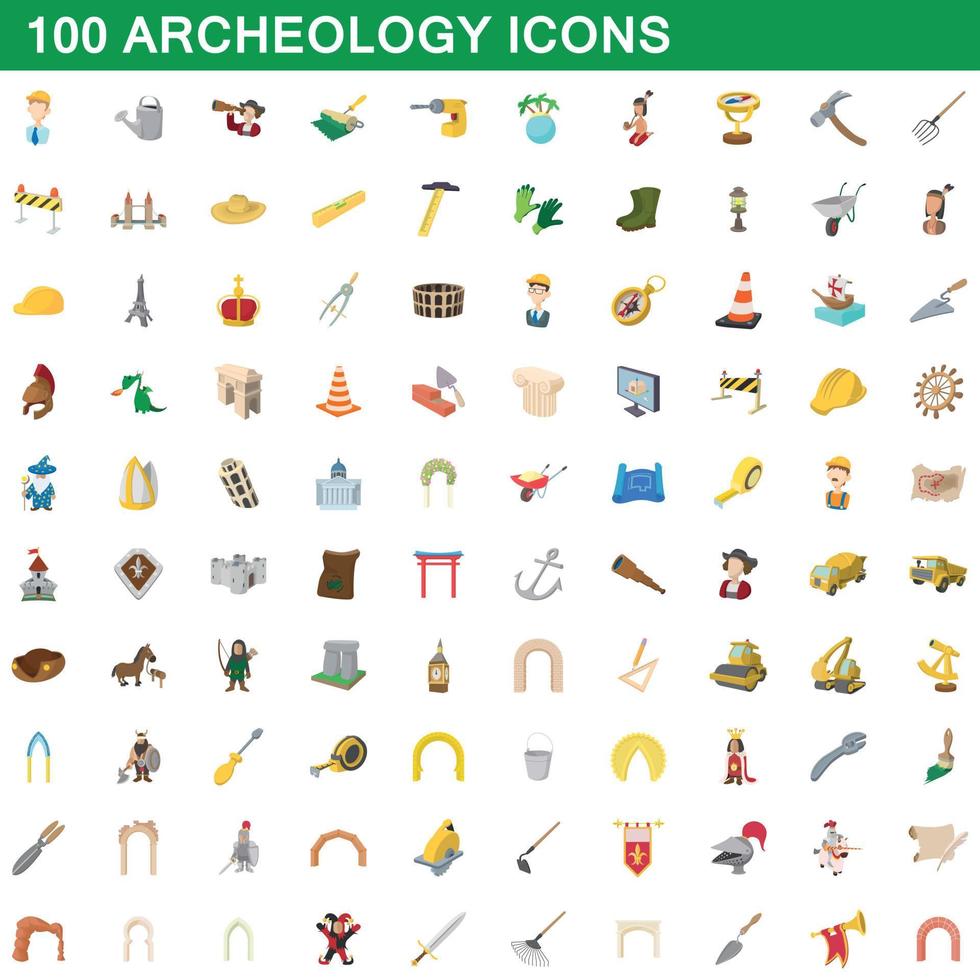 100 archeologie iconen set, cartoon stijl vector