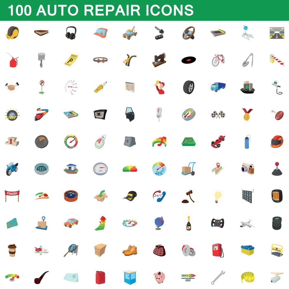 100 auto reparatie iconen set, cartoon stijl vector