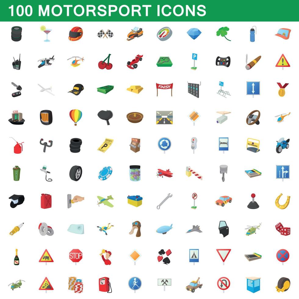 100 motorsport iconen set, cartoon stijl vector