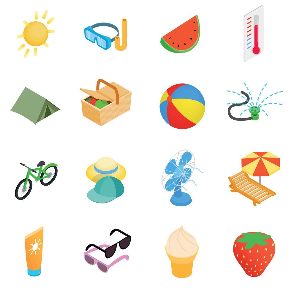 zomer elementen iconen set, isometrische 3D-stijl vector