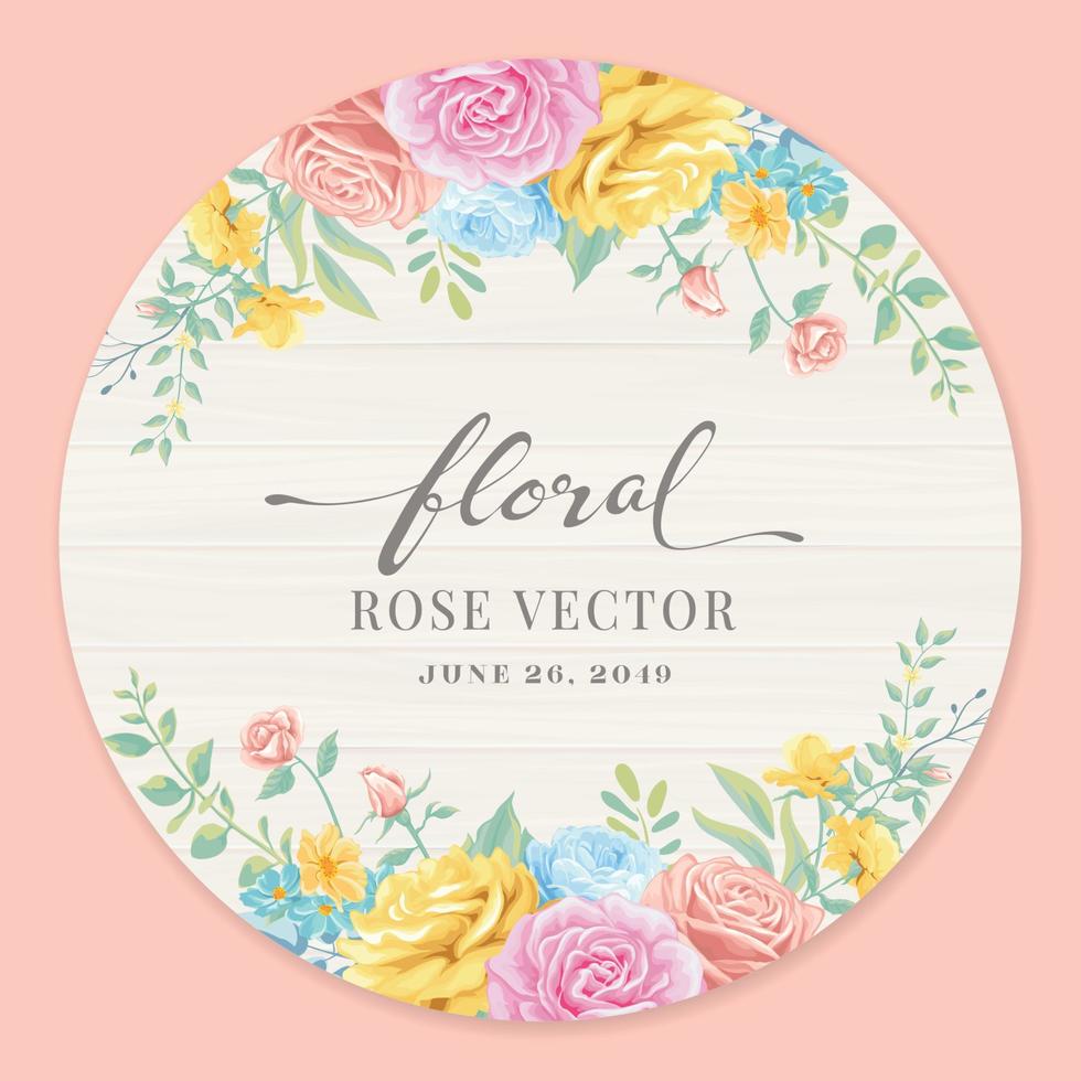 mooie roze bloem en botanisch blad op hout label cirkel digitale geschilderde illustratie voor liefde bruiloft Valentijnsdag of arrangement uitnodiging ontwerp wenskaart vector