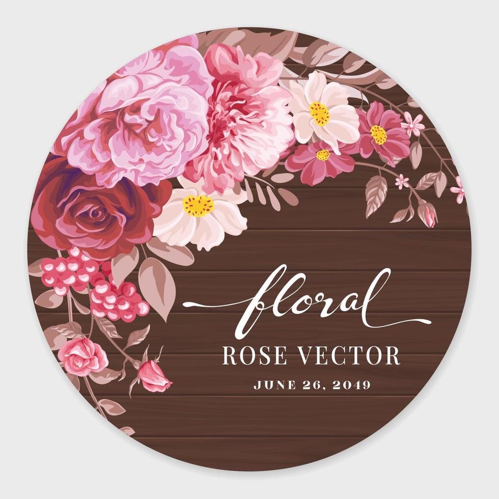 mooie roze bloem en botanisch blad op hout label cirkel digitale geschilderde illustratie voor liefde bruiloft Valentijnsdag of arrangement uitnodiging ontwerp wenskaart vector