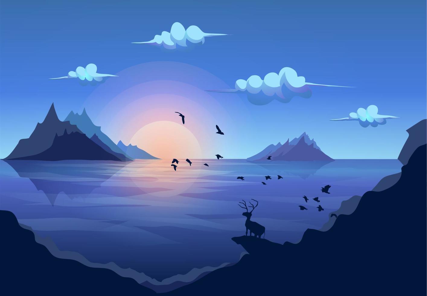 herten staande op de rots kijkend naar het landschap bergeiland zee met zon en wolken langs de zwerm vliegende vogels vector