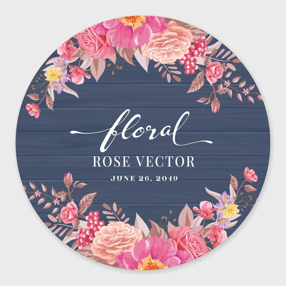 mooie roze bloem en botanisch blad op hout label cirkel digitale geschilderde illustratie voor liefde bruiloft Valentijnsdag of arrangement uitnodiging ontwerp wenskaart vector