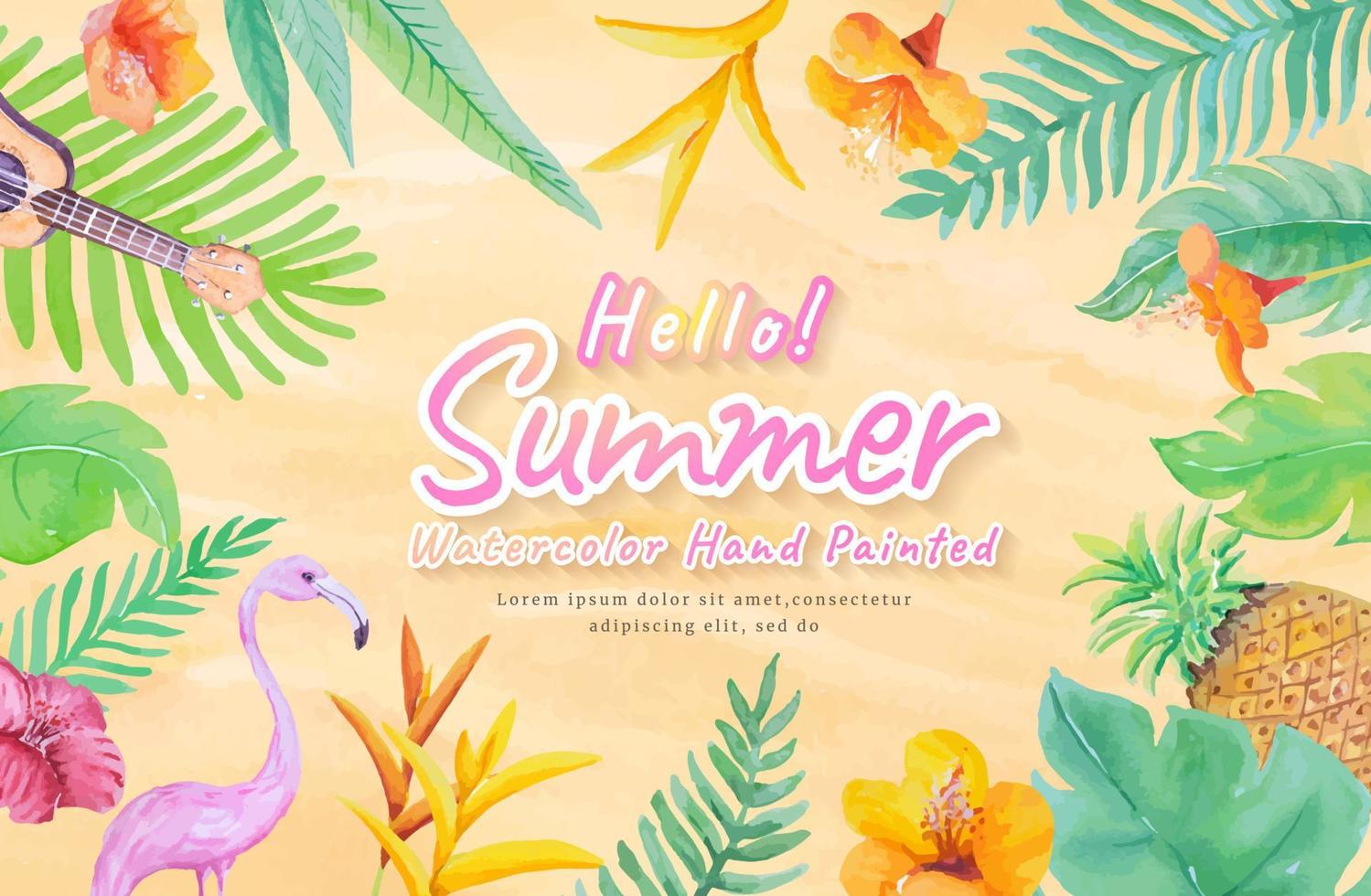 gelukkig zomervakantie concept met decoratie botanisch, gitaar, flamingo aquarel handgeschilderd vector