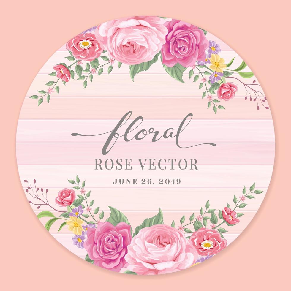 mooie roze bloem en botanisch blad op hout label cirkel digitale geschilderde illustratie voor liefde bruiloft Valentijnsdag of arrangement uitnodiging ontwerp wenskaart vector