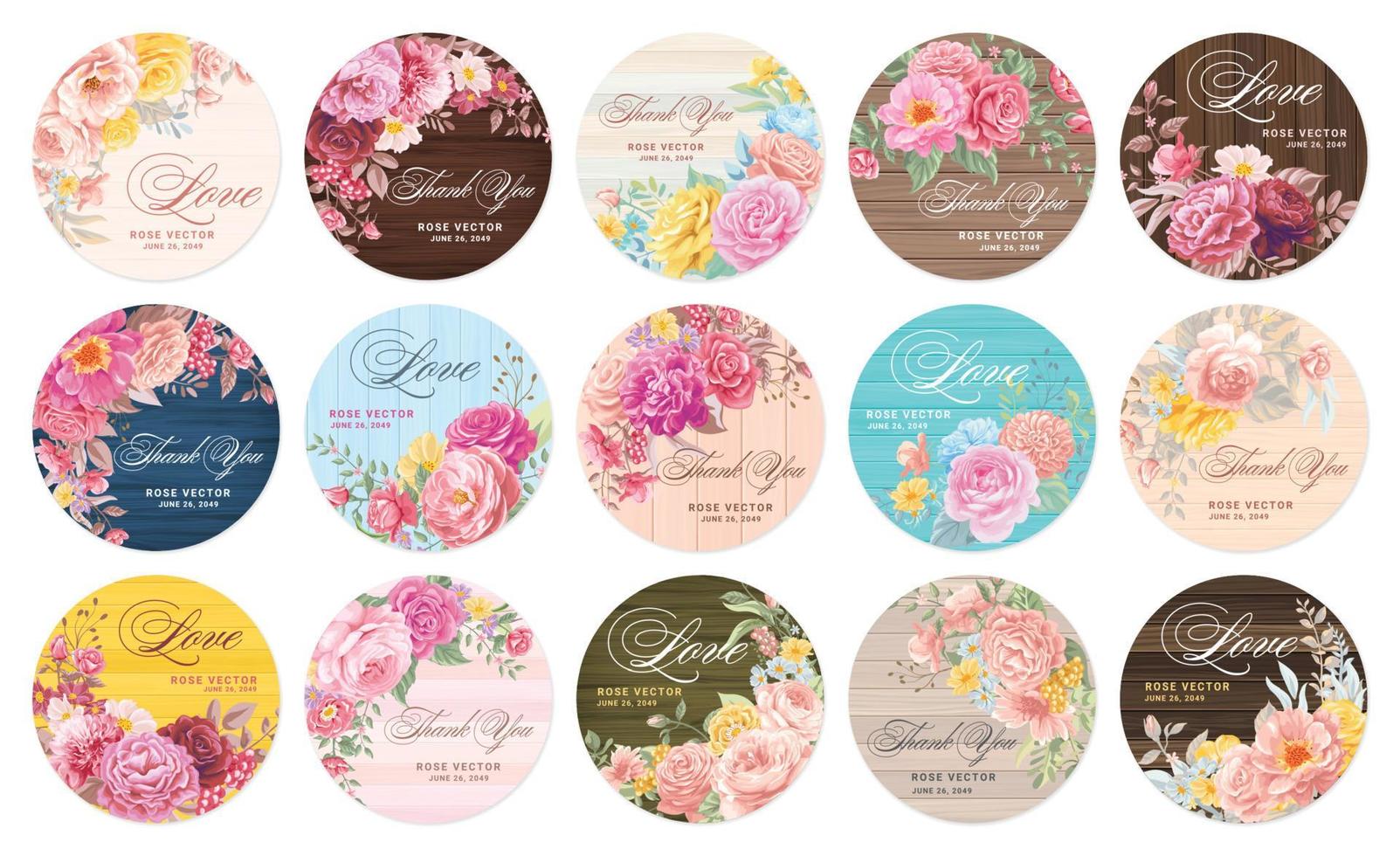 collectie set label mooie roze bloem en botanisch blad digitaal geschilderde illustratie voor liefde bruiloft valentijnsdag of arrangement uitnodiging ontwerp wenskaart vector