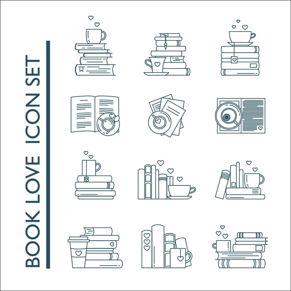 icon set voor boek fans. boekenstapels, koffie- of theemokken en papieren bekers. vector