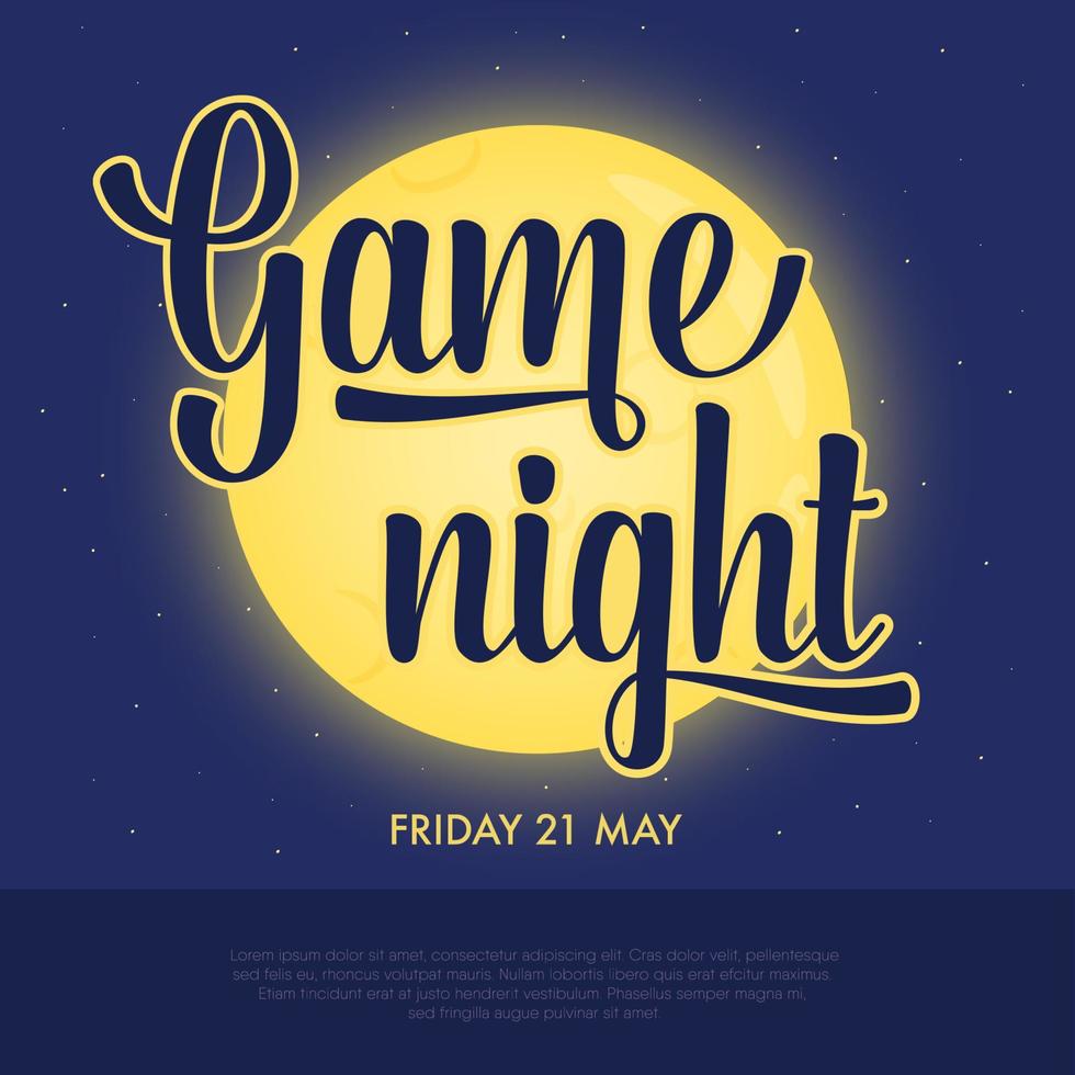 game nacht aankondiging poster. concept van nachtactiviteit, pubquiz, trivia, bingo en andere. volle gele maan schijnt op blauwe achtergrond, belettering inscriptie vooraan. vectorillustratie. vector