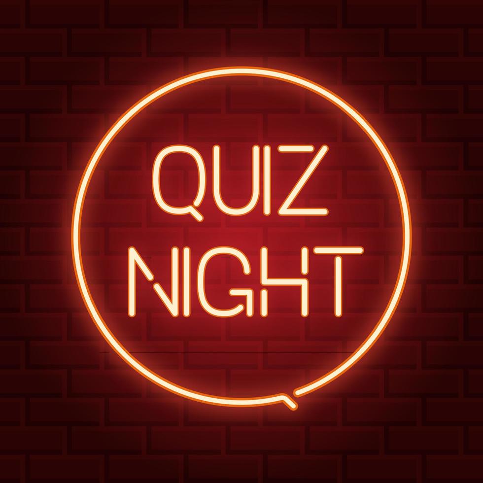 pubquiz aankondiging poster, vintage stijl neon gloeiende letters schijnt op donkere bakstenen achtergrond. vragen teamspel voor intelligente mensen. Vectorillustratie, gloeiend elektrisch teken in retro-stijl vector