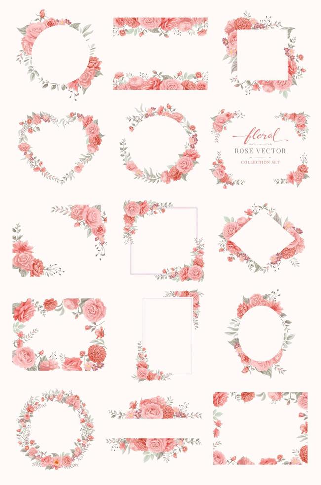 collectie set mooie roze bloem en botanisch blad digitale geschilderde illustratie voor liefde bruiloft Valentijnsdag of arrangement uitnodiging ontwerp wenskaart vector