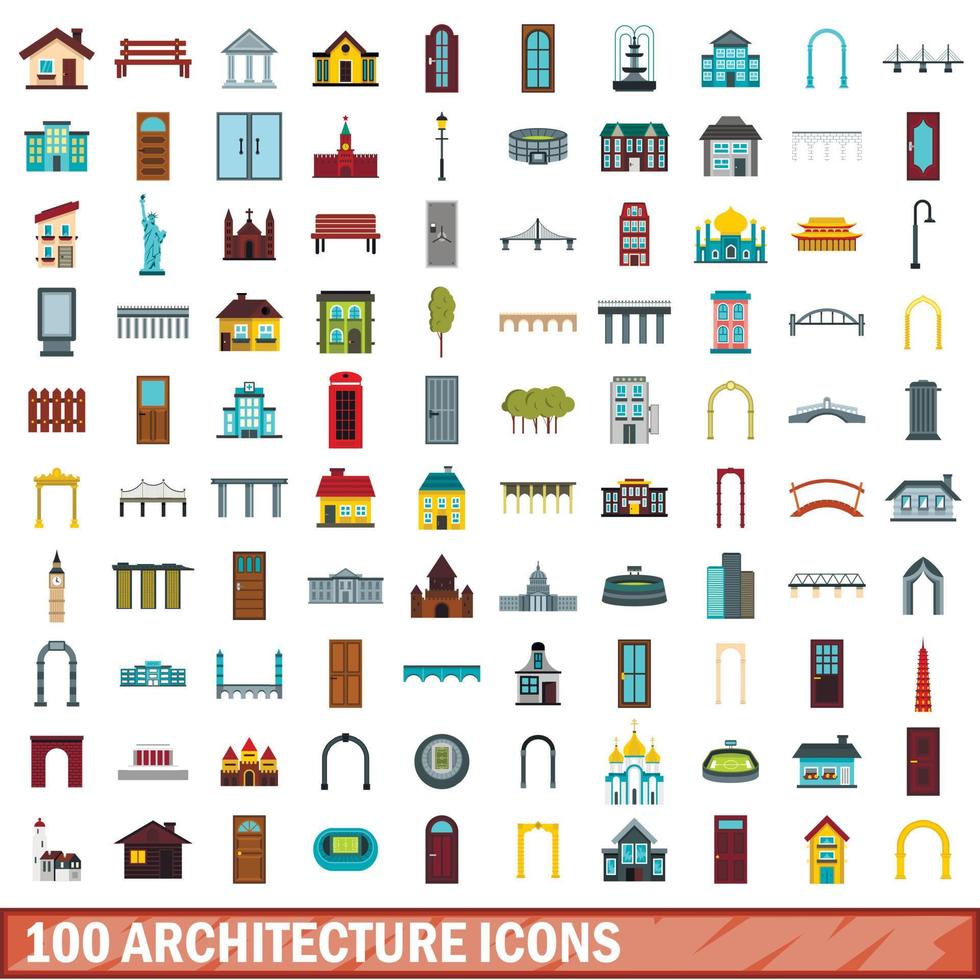 100 architectuur iconen set, vlakke stijl vector