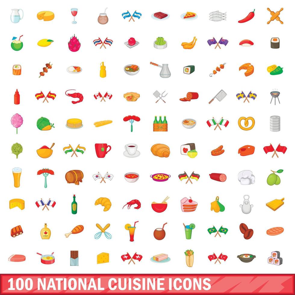 100 nationale keuken iconen set, cartoon stijl vector