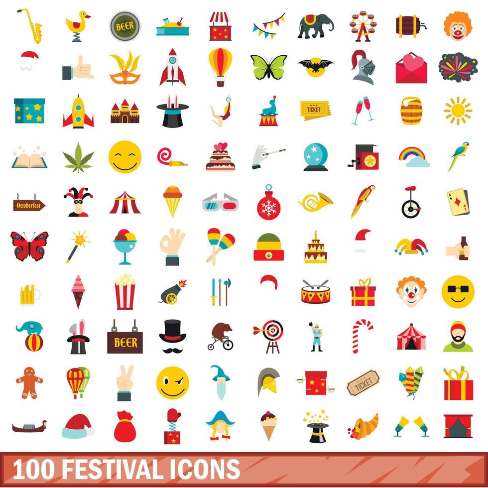 100 festival iconen set, vlakke stijl vector