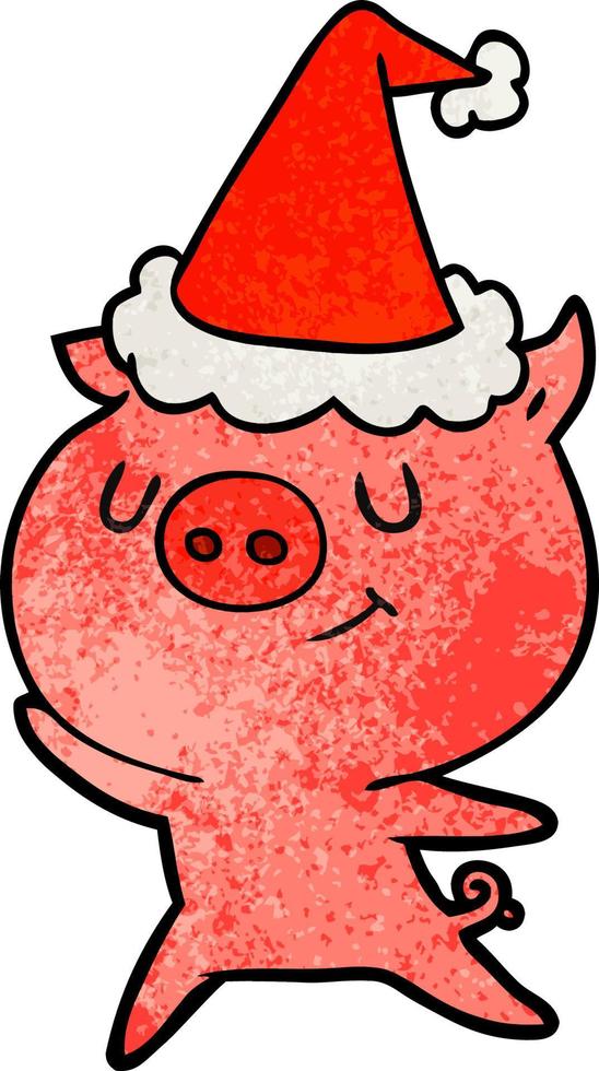 vrolijke getextureerde cartoon van een varken met een kerstmuts vector