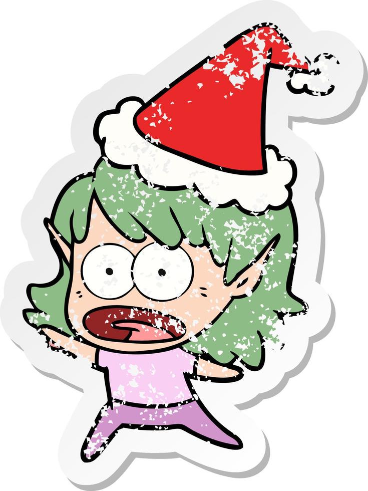 verontruste sticker cartoon van een geschokt elfmeisje met een kerstmuts vector