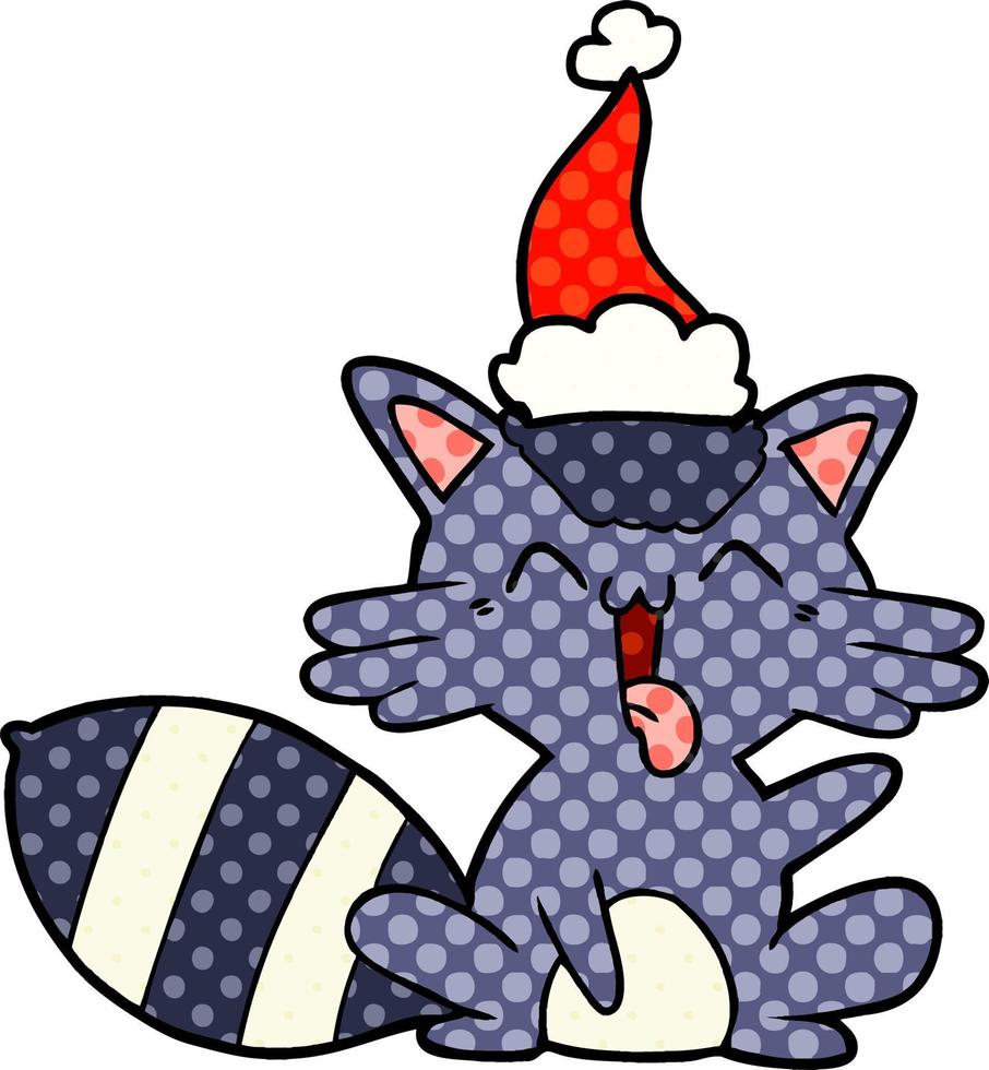 schattige stripboekstijlillustratie van een wasbeer met een kerstmuts vector