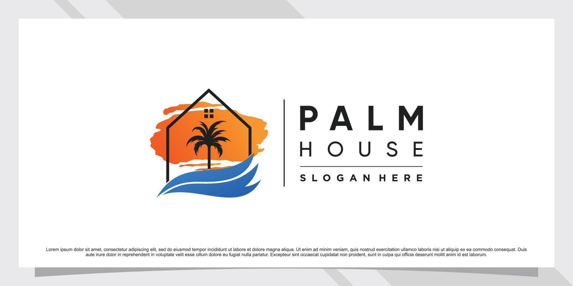 palmboom en huis logo ontwerp illustratie met creatief concept premium vector