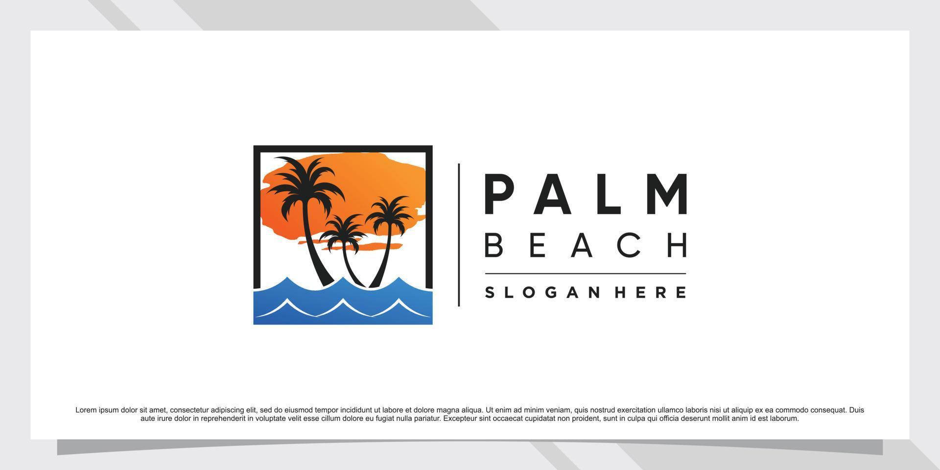 palmboom en strand logo-ontwerpinspiratie met zon en creatief element premium vector