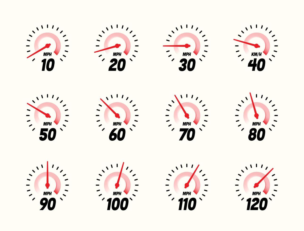 mph snelheidsmeter pictogrammenset, modern vector design. snelheidslimiet, bewegende pijl, chronometer met snelheid in mijlen per uur. kuipweegschaal, plat ontwerp. 30, 60, 100, 120 km/u.