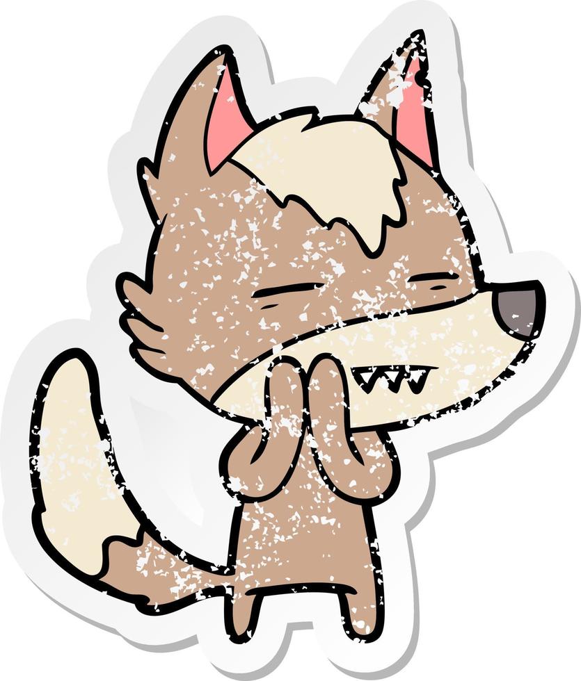 verontruste sticker van een cartoonwolf met tanden vector