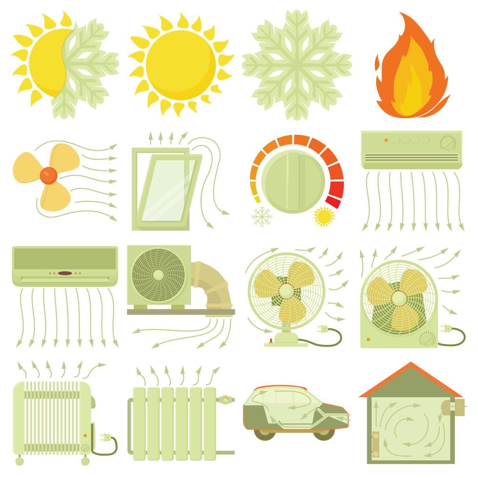 warmte koele luchtstroom tools iconen set, cartoon stijl vector