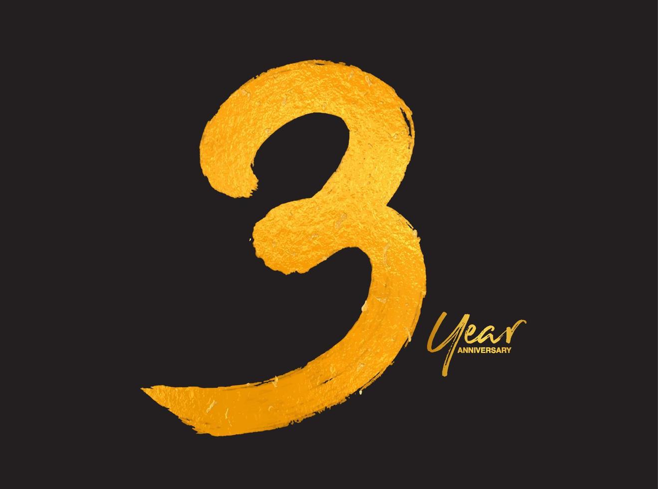 goud 3 jaar verjaardag viering vector sjabloon, 3 jaar logo ontwerp, 3e verjaardag, gouden belettering nummers borstel tekening hand getrokken schets, nummer logo ontwerp vectorillustratie