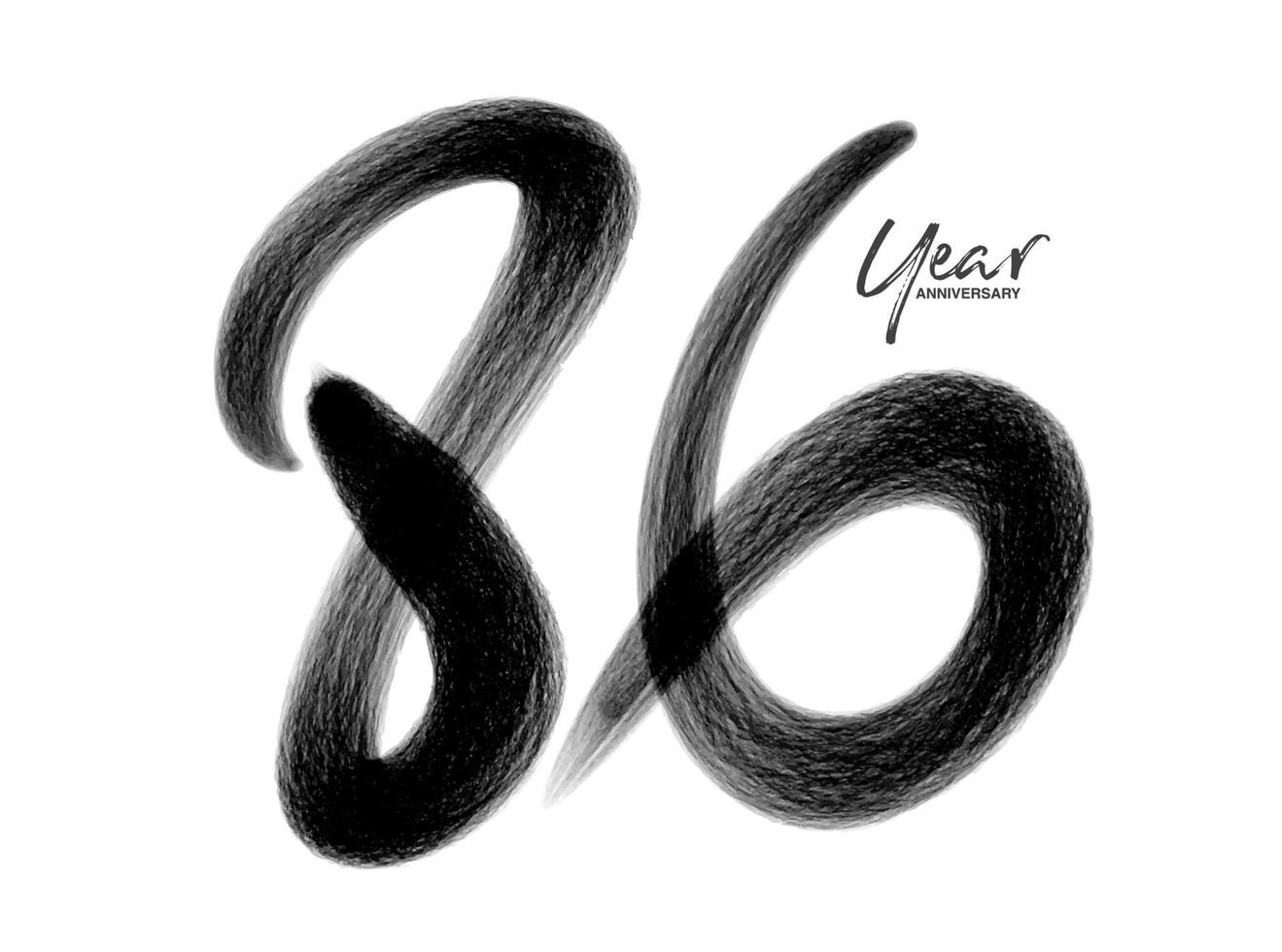 86 jaar verjaardag viering vector sjabloon, 86 jaar logo ontwerp, 86ste verjaardag, zwarte belettering nummers borstel tekening hand getrokken schets, nummer logo ontwerp vectorillustratie