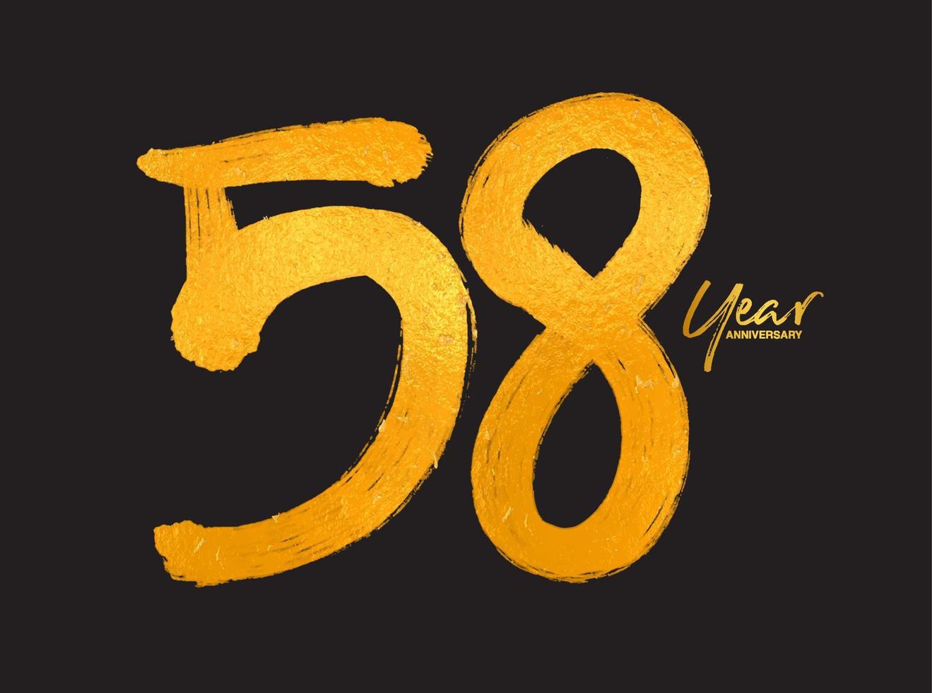 goud 58 jaar verjaardag viering vector sjabloon, 58 jaar logo ontwerp, 58e verjaardag, gouden belettering nummers borstel tekening hand getrokken schets, nummer logo ontwerp vectorillustratie