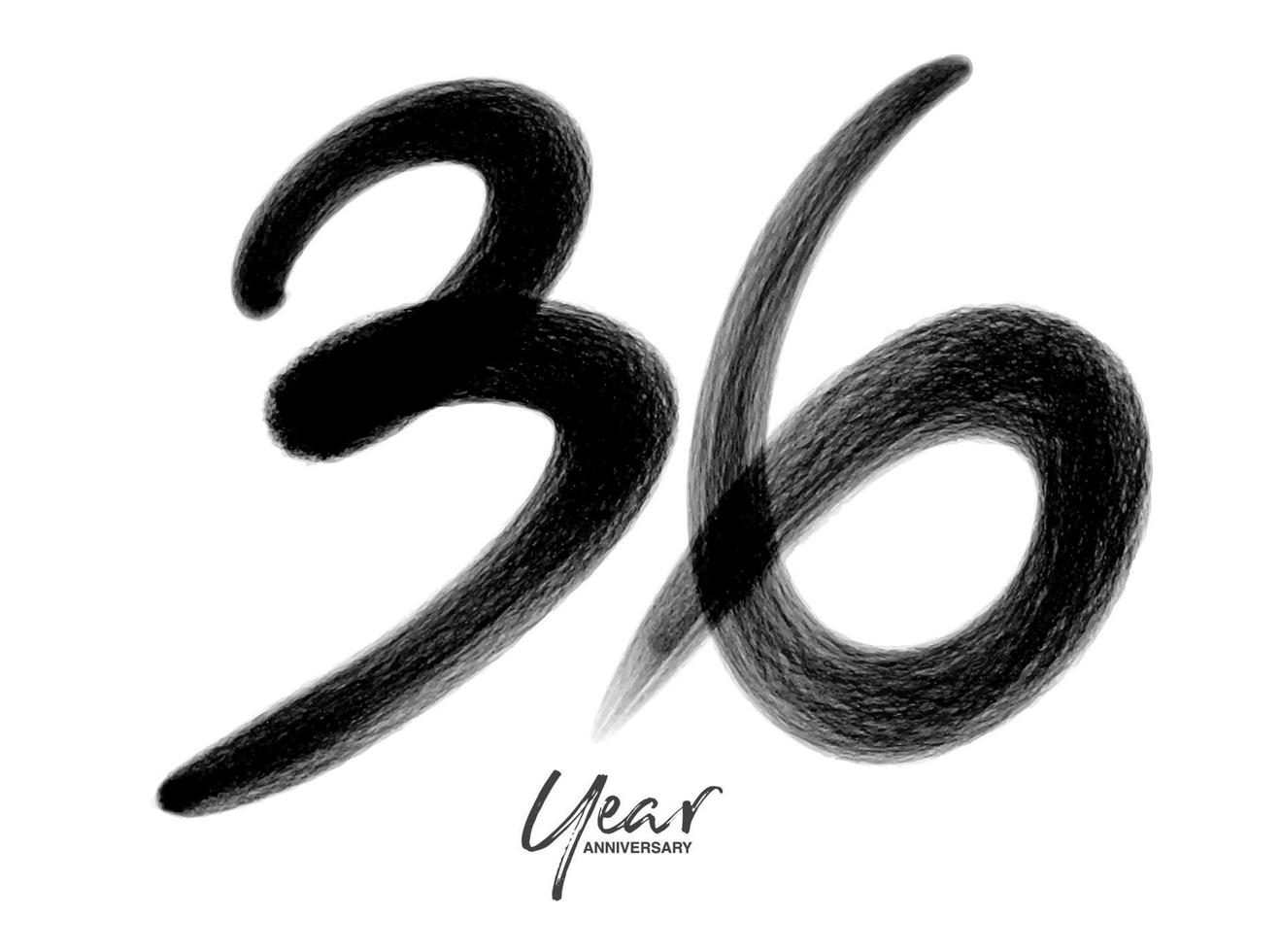 36 jaar verjaardag viering vector sjabloon, 36 jaar logo ontwerp, 36e verjaardag, zwarte belettering nummers borstel tekening hand getrokken schets, nummer logo ontwerp vectorillustratie