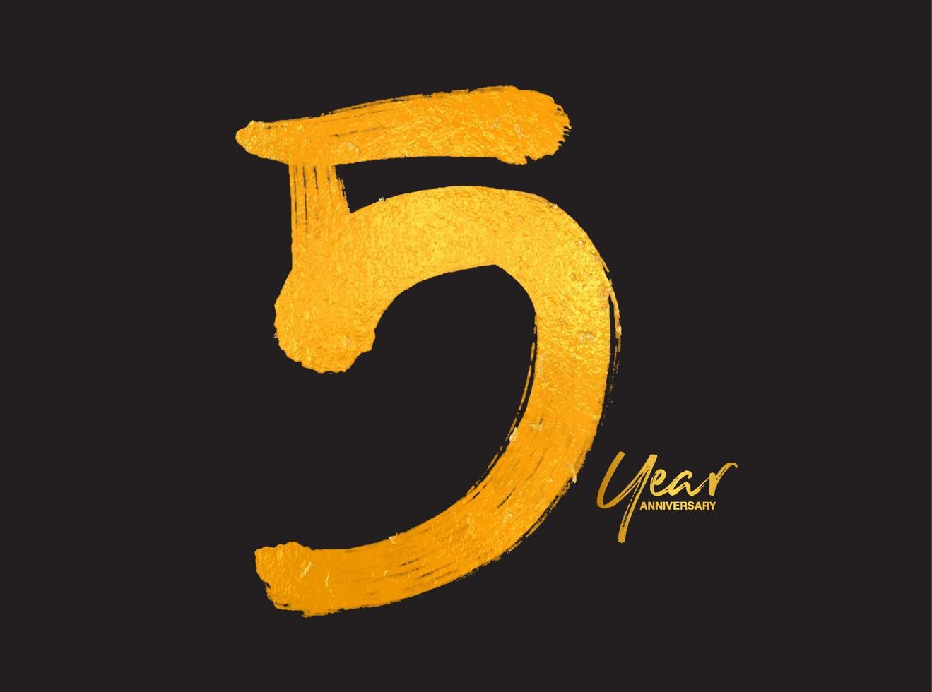 goud 5 jaar verjaardag viering vector sjabloon, 5 jaar logo ontwerp, 5e verjaardag, gouden belettering nummers borstel tekening hand getrokken schets, nummer logo ontwerp vectorillustratie