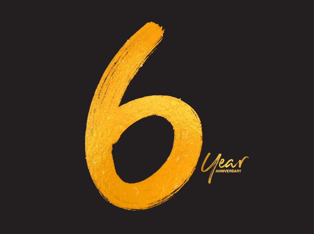 goud 6 jaar verjaardag viering vector sjabloon, 6 jaar logo ontwerp, 6e verjaardag, gouden belettering nummers borstel tekening hand getrokken schets, nummer logo ontwerp vectorillustratie