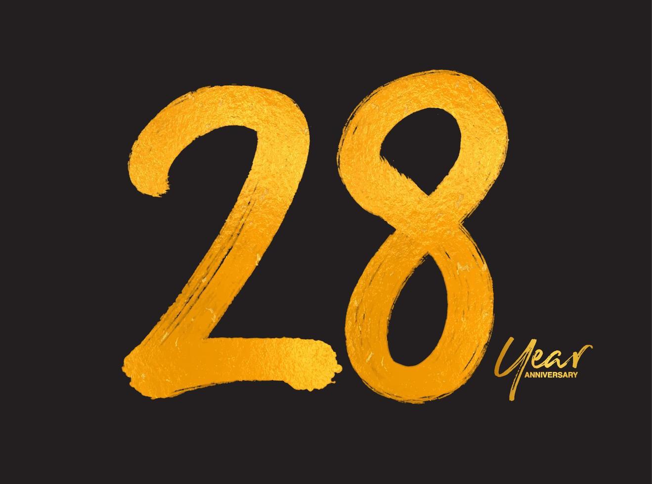 goud 28 jaar verjaardag viering vector sjabloon, 28 jaar logo ontwerp, 28e verjaardag, gouden belettering nummers borstel tekening hand getrokken schets, nummer logo ontwerp vectorillustratie