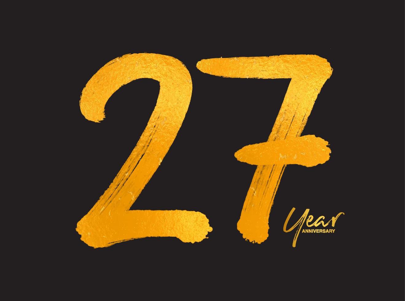 goud 27 jaar verjaardag viering vector sjabloon, 27 jaar logo ontwerp, 27e verjaardag, gouden belettering nummers borstel tekening hand getrokken schets, nummer logo ontwerp vectorillustratie