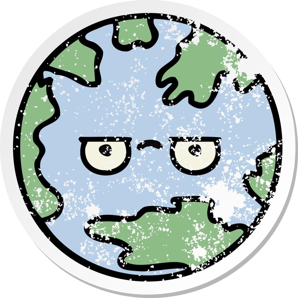 verontruste sticker van een schattige cartoon planeet aarde vector