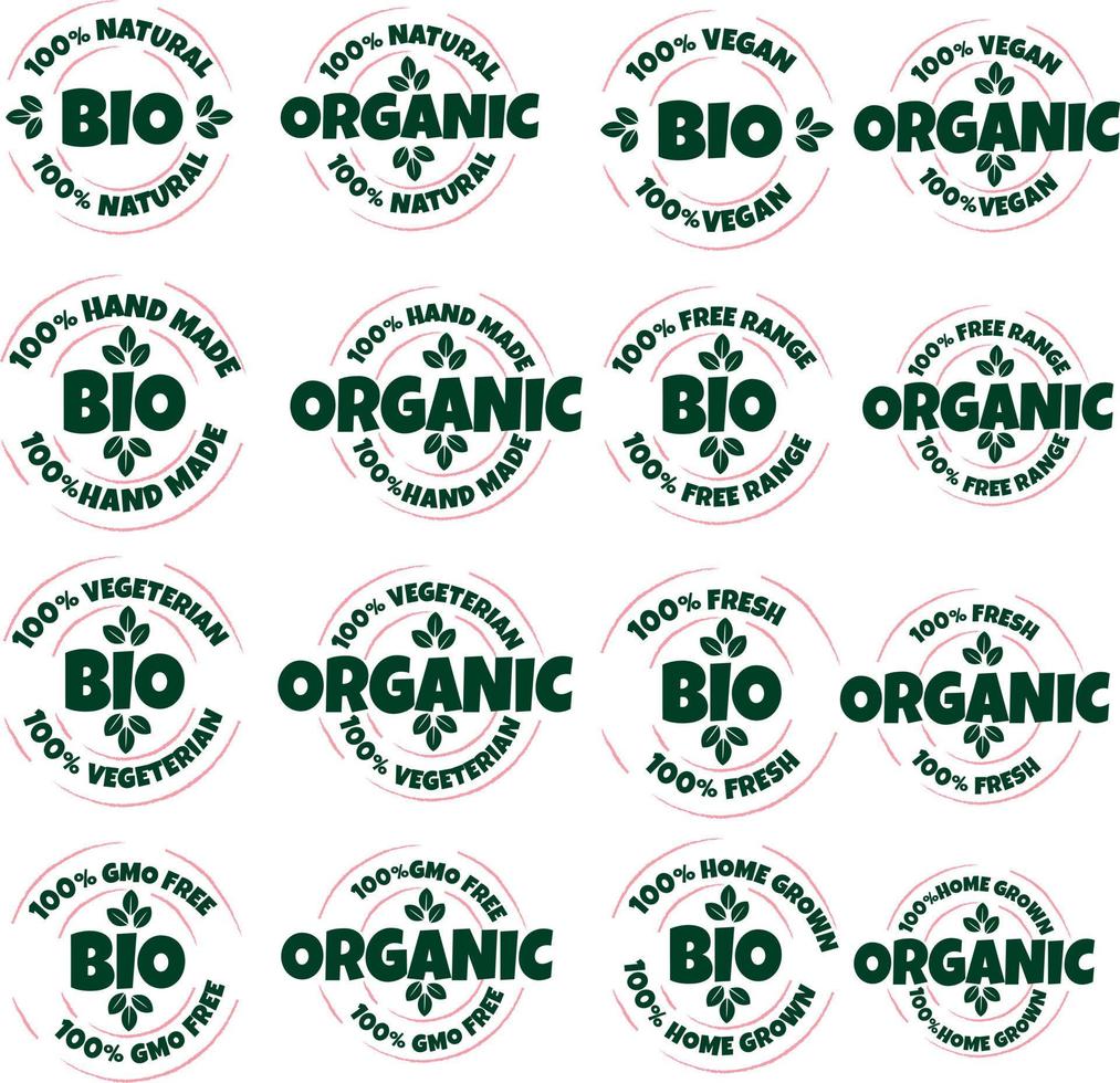 eco, bio, biologische en natuurlijke producten sticker, label, badge en logo. ecologie icoon. logo sjabloon met groene bladeren voor biologische en milieuvriendelijke producten. vector illustratie