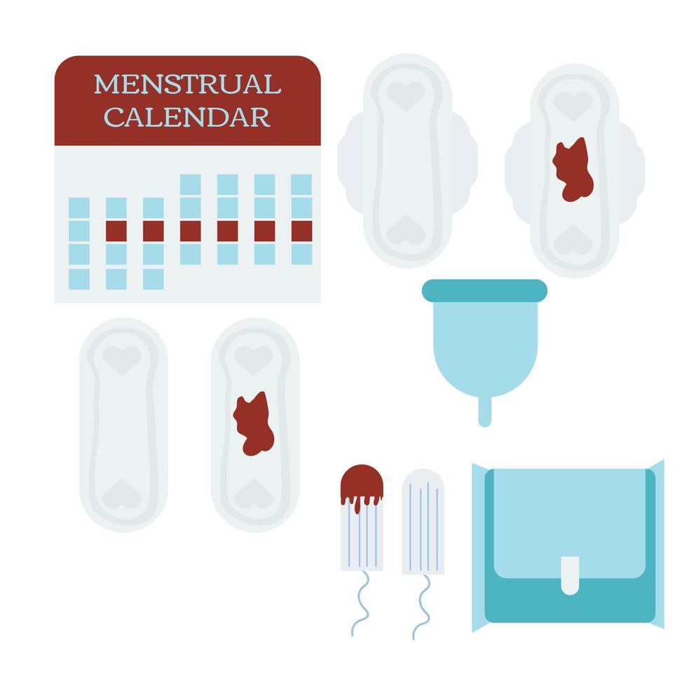 nul afvalperiodes kit geïsoleerd op een witte achtergrond. herbruikbare maandverband en menstruatiecup tegen tampon en maandverband. vector platte ontwerp cartoon styly illustratie. milieuvriendelijk concept.