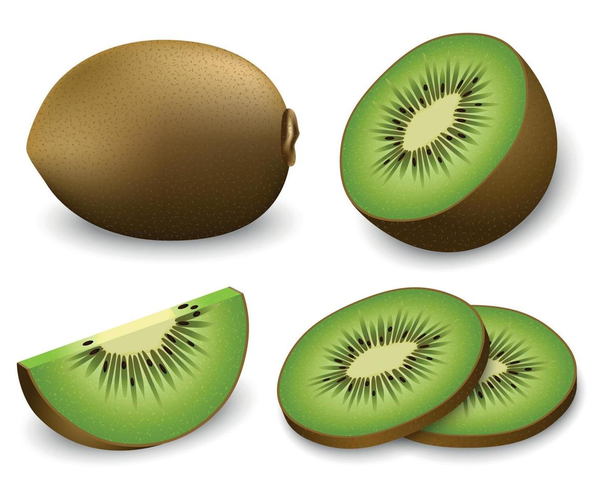 kiwi fruit eten slice iconen set, realistische stijl vector