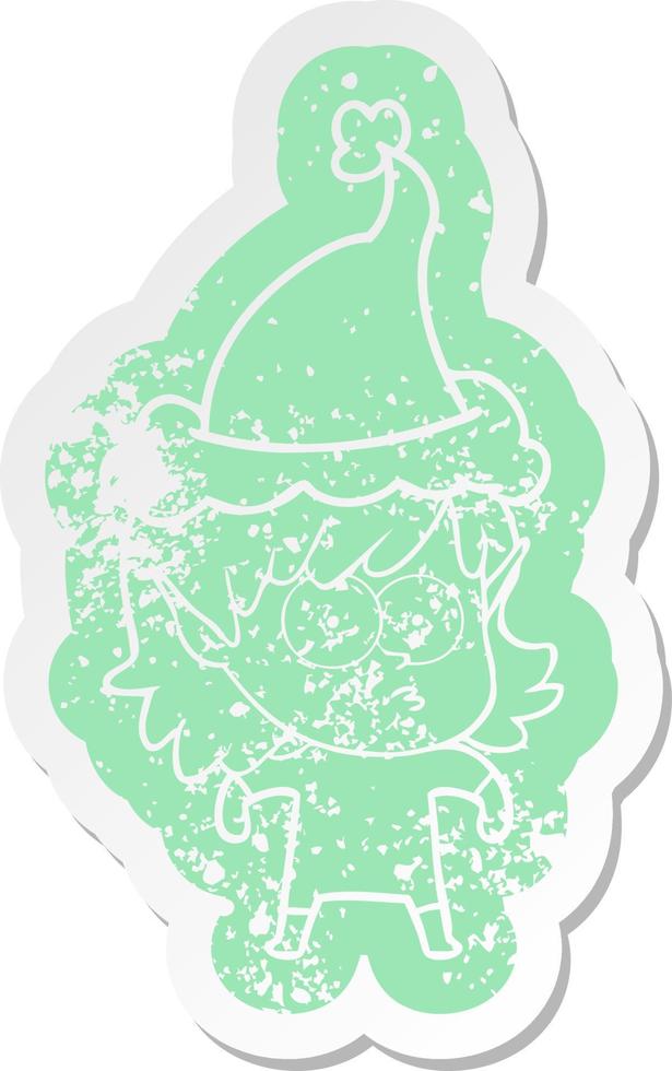 cartoon verontruste sticker van een elfmeisje dat een kerstmuts draagt vector