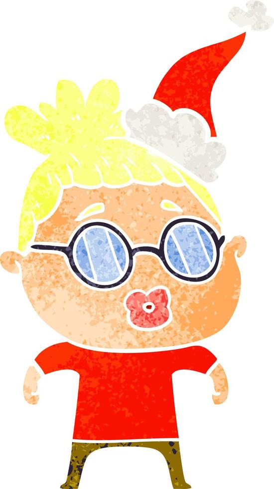 retro cartoon van een vrouw die een bril draagt die een kerstmuts draagt vector
