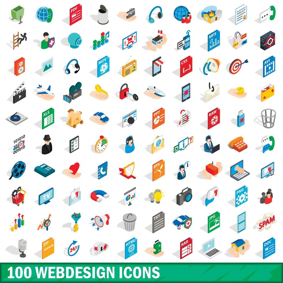100 webdesign iconen set, isometrische 3D-stijl vector