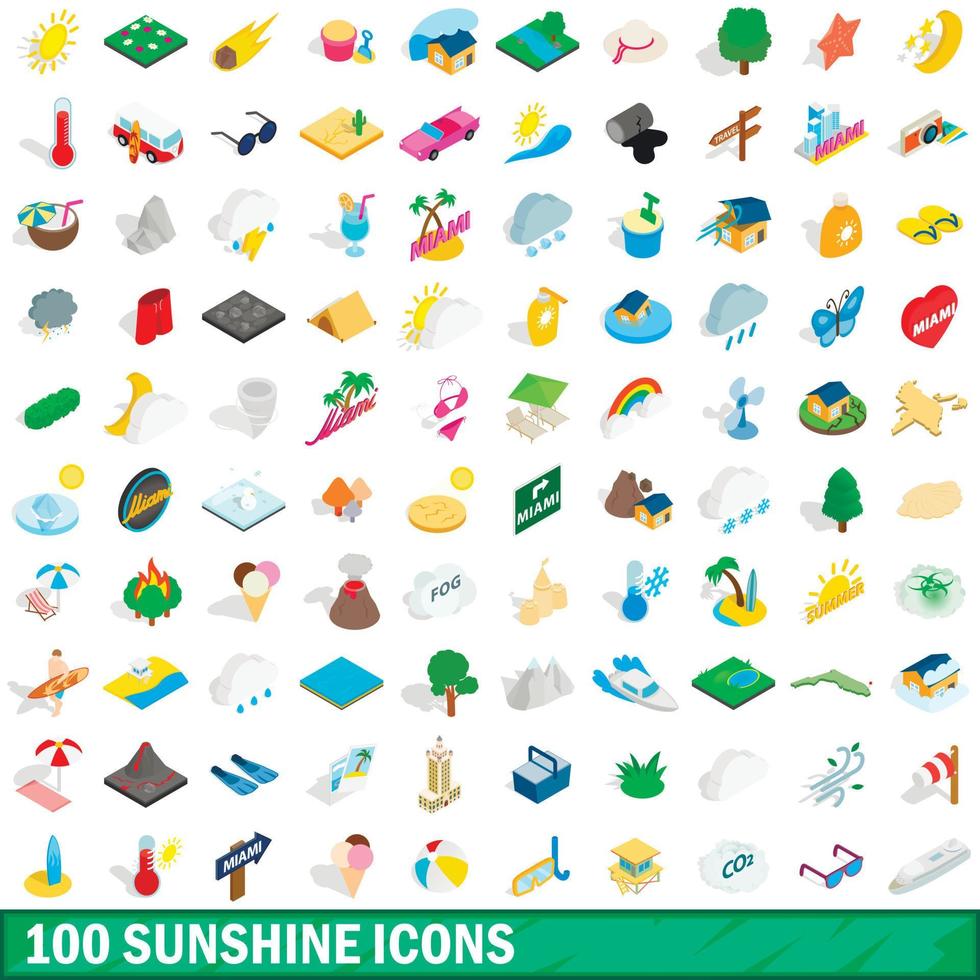 100 zonneschijn iconen set, isometrische 3D-stijl vector