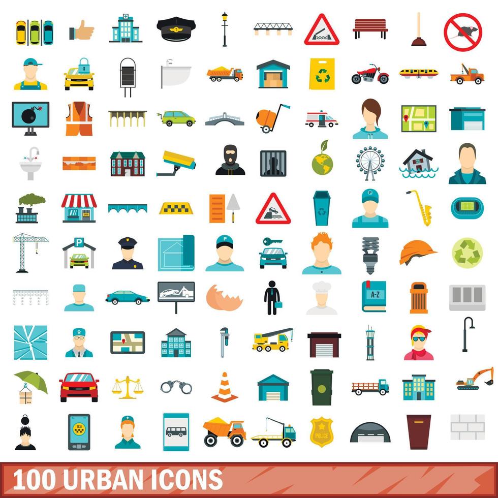100 stedelijke iconen set, vlakke stijl vector