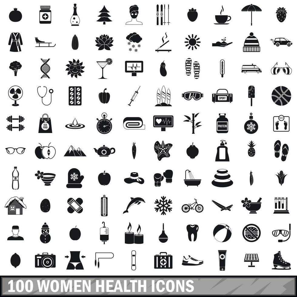 100 vrouwen gezondheid iconen set, eenvoudige stijl vector