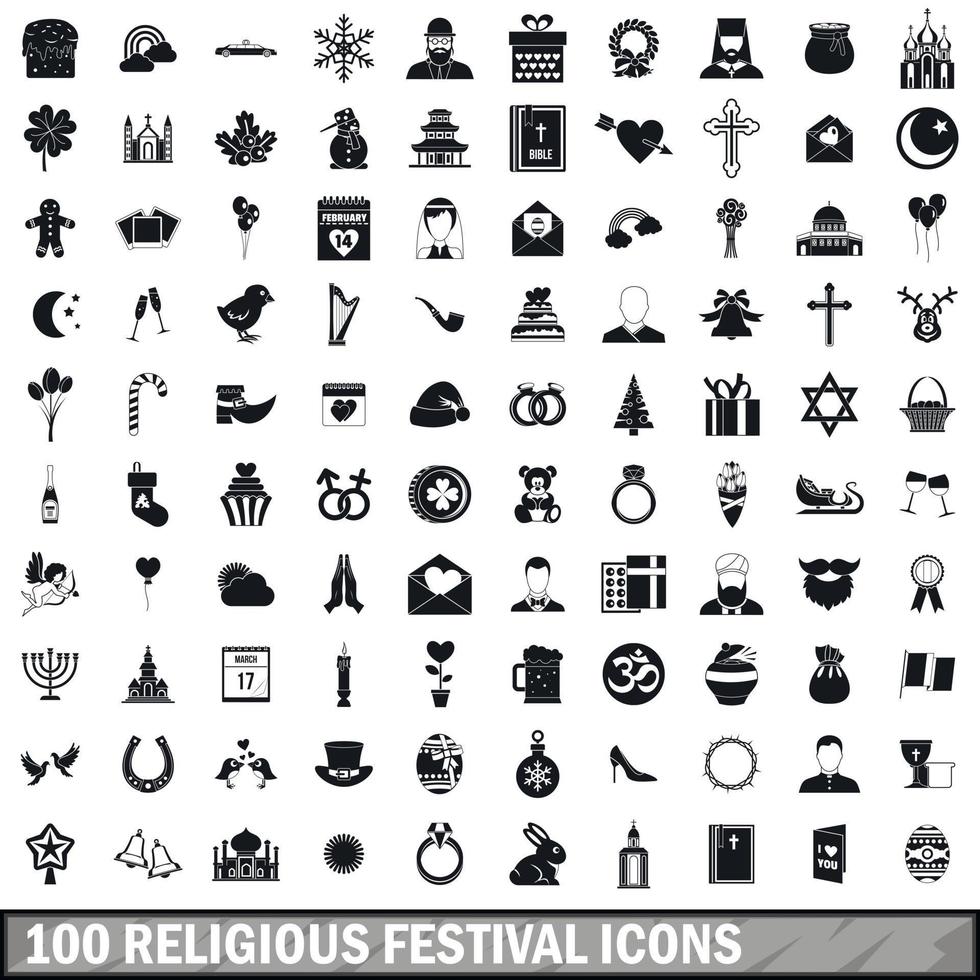 100 religieuze festival iconen set, eenvoudige stijl vector