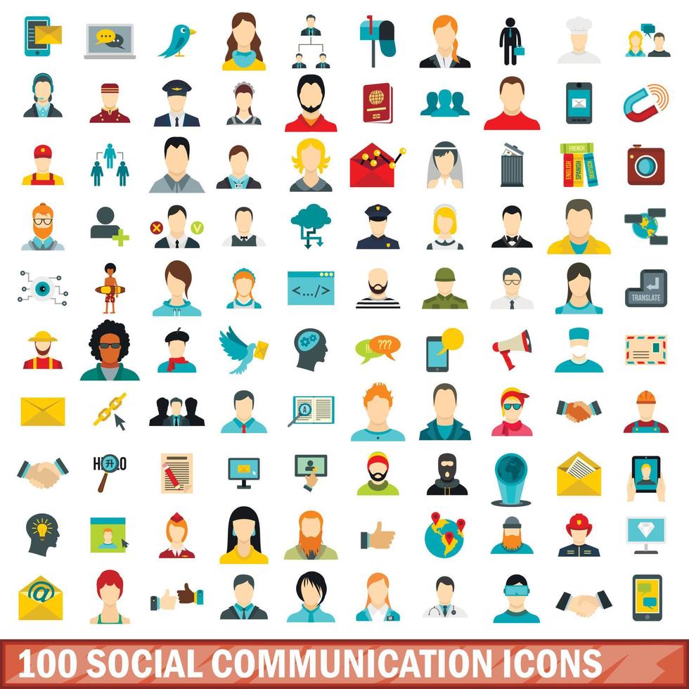 100 sociale communicatie iconen set, vlakke stijl vector