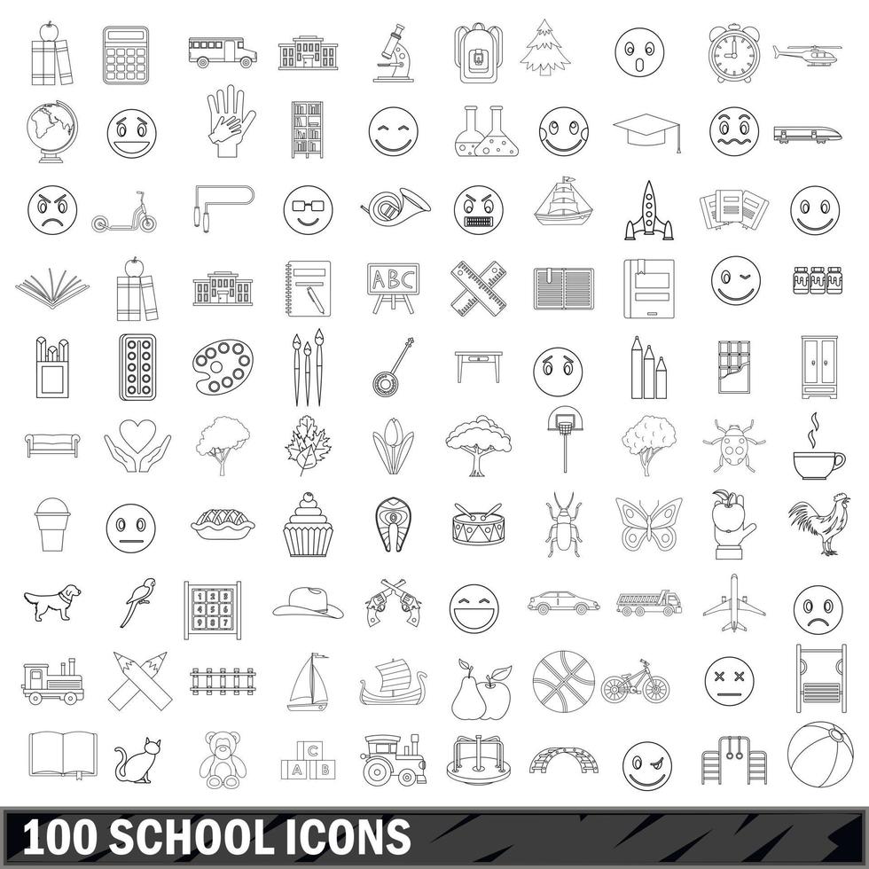 100 school iconen set, Kaderstijl vector