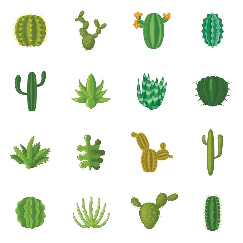 groene cactussen iconen set, cartoon stijl vector