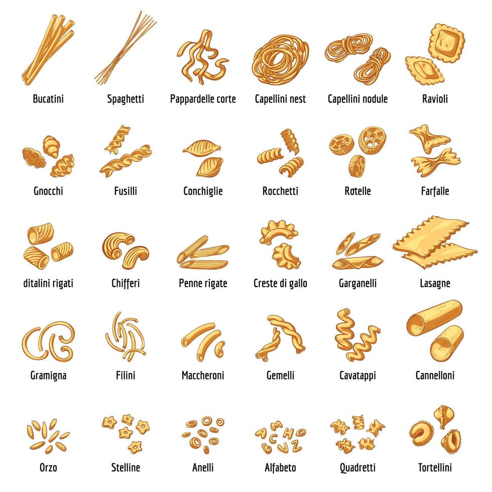 macaroni iconen set, cartoon stijl vector